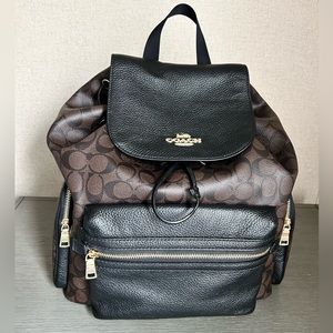 Coach Brown and Black Signature Canvas Backpack with Gold Hardware